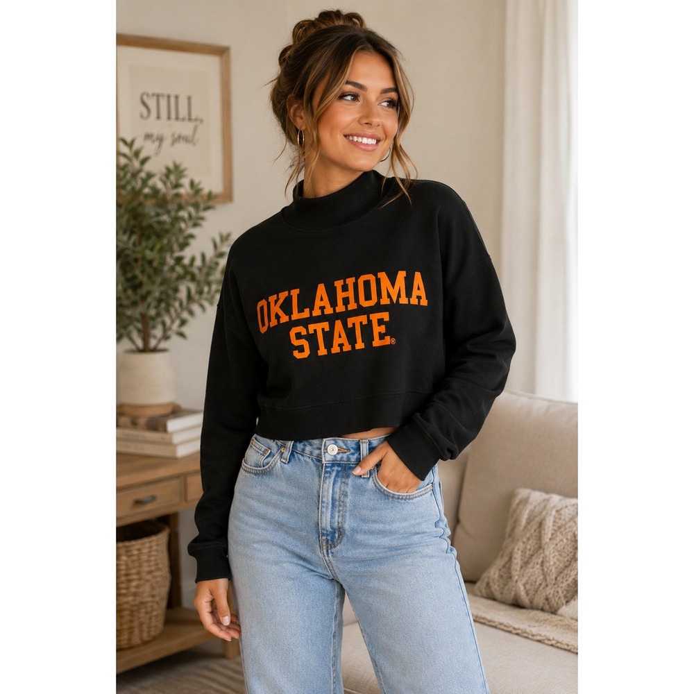 Chicka-d Oklahoma State OSU Cropped Mock Neck Sweatshirt Black Orange Womens‎ S